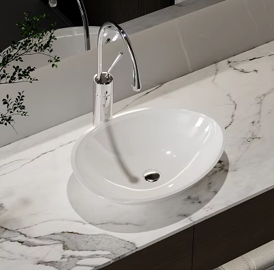 Stylish White Bathroom Sink With Modern Faucet On Marble Countertop 3d model