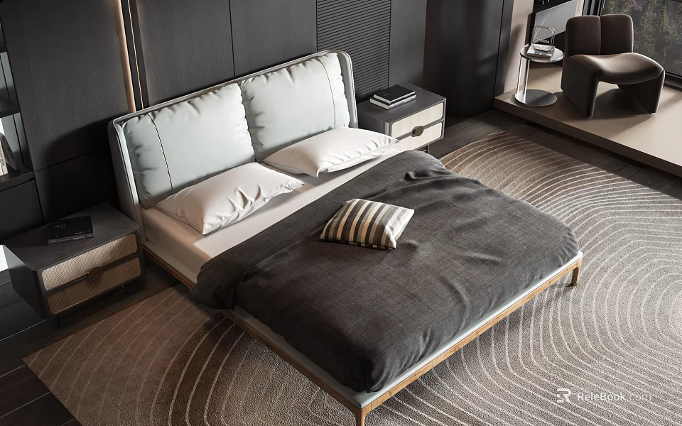 Modern Double Bed With Grey White Headboard Grey Quilt Striped Cushion And Bedside Table 3d model 