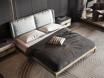 Modern Double Bed With Grey White Headboard Grey Quilt Striped Cushion And Bedside Table 3d model