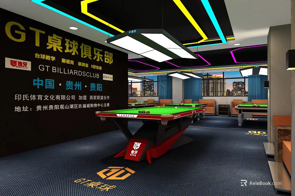 Modern GT Billiard Club Interior In Guizhou China With Green Felt Tables And Colorful Ceiling Lights 3d model 