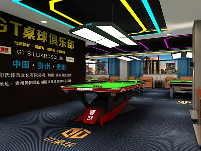 Modern GT Billiard Club Interior In Guizhou China With Green Felt Tables And Colorful Ceiling Lights 3d model