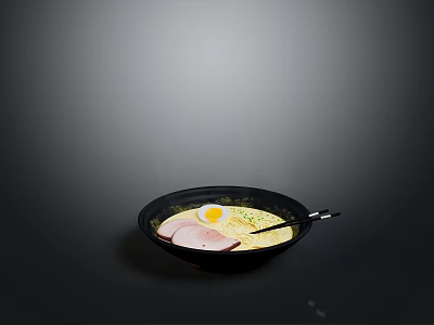 Ramen Bowl With Soft Boiled Egg Ham Slices Noodles In Black Bowl On Grey Background 3d model