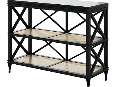 Black Frame Dining Table With Glass Top Three Tier Metal Mesh Shelves And Wheels 3d model