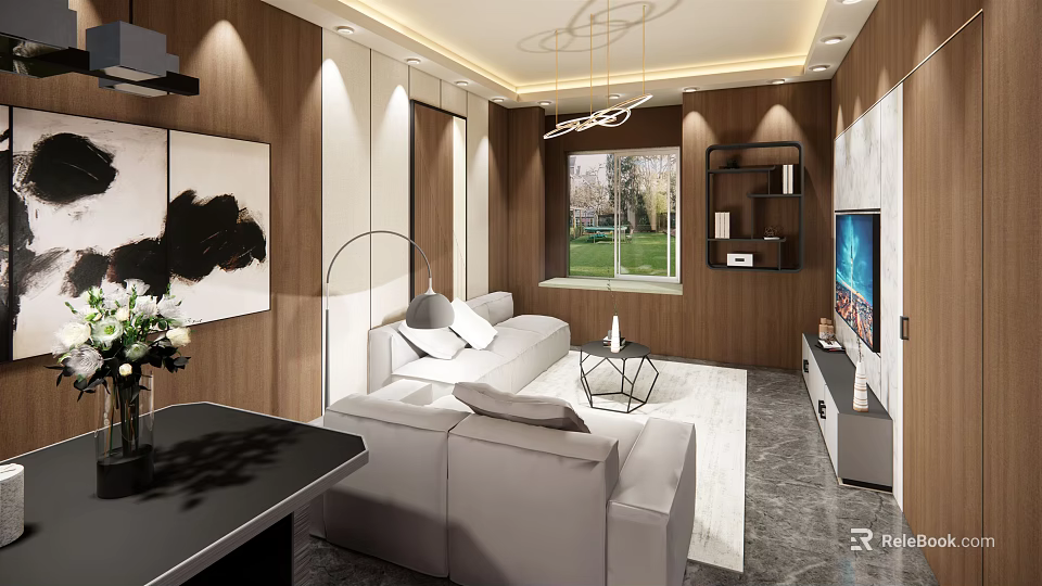 Modern Living Room Interior With White Sofa Wooden Walls Chandelier And Window View 3d model 