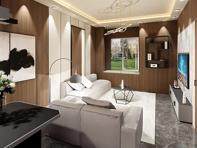 Modern Living Room Interior With White Sofa Wooden Walls Chandelier And Window View 3d model