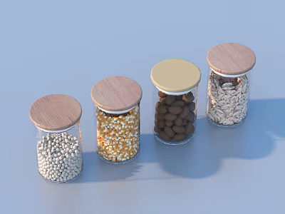 Glass Jars with Wooden and Gold Lids Holding Various Food Items like Grains Seeds Beans 3d model