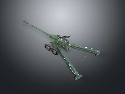 Green Military Cannon With Long Barrel And Wheel Mounted Carriage 3d model