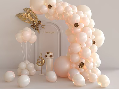 Decorative Ornament Set With Pink White Balloons Arch And Golden Accents 3d model