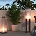 Outdoor Lights Modern Sleek Design for Patio with Potted Plant and Chair Creating Warm Glow
