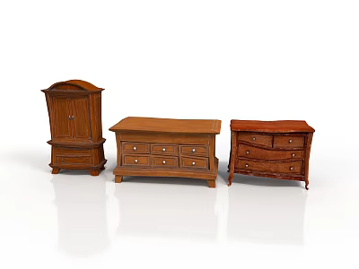 Classic Three Piece Wooden Furniture With Drawers And Carved Design Details 3d model
