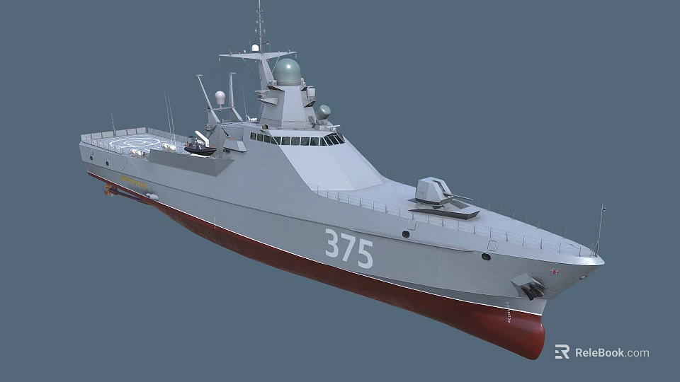 Modern Warship With Grey and Red Hull Number 375 Radar System and Deck Structure 3d model 
