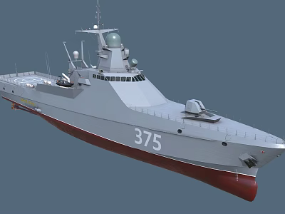 Modern Warship With Grey and Red Hull Number 375 Radar System and Deck Structure 3d model