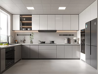 Modern Kitchen Interior Design With White And Gray Cabinets Black Refrigerator And Appliances 3d model