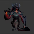 Fierce Game And Movie Character With Horned Helmet Glowing Weapon Hands And Blue Red Armor