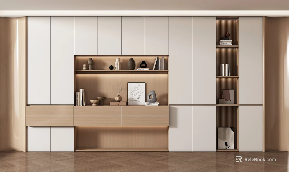 Modern Minimalist Bookcase With Open Shelves Drawers Books And Decorative Items 3d model 