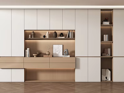 Modern Minimalist Bookcase With Open Shelves Drawers Books And Decorative Items 3d model