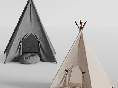 Gray and Beige Teepee Tents with Conical Fabric Design Wooden Poles and Soft Cushions 3d model