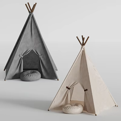 Gray and Beige Teepee Tents with Conical Fabric Design Wooden Poles and Soft Cushions 3d model
