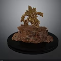 Golden Animal Statue Standing On Red Rock Base With Black Circular Plinth
