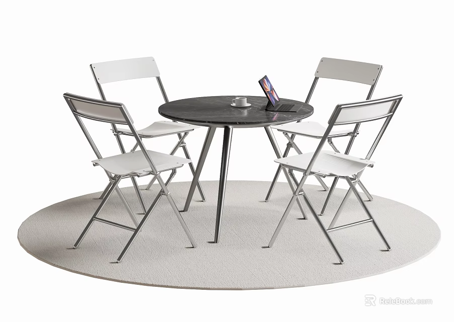Round Black Dining Table Set With White Folding Chairs And Metal Frame On Rug 3d model
