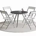 Round Black Dining Table Set With White Folding Chairs And Metal Frame On Rug 3d model