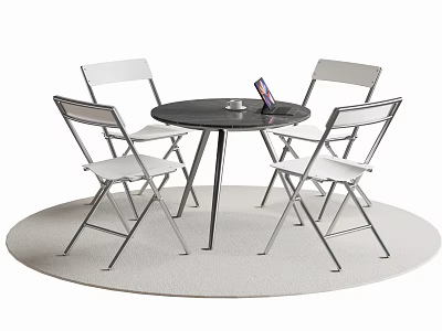 Round Black Dining Table Set With White Folding Chairs And Metal Frame On Rug 3d model