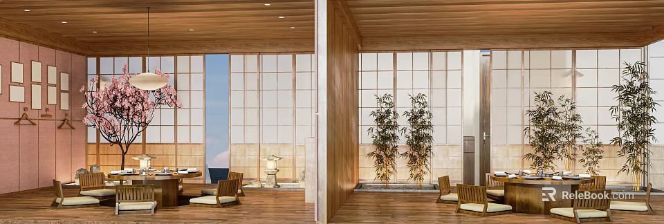 Modern Japanese Restaurant Interior With Wooden Walls Sliding Lattice Windows And Bamboo Plants 3d model 