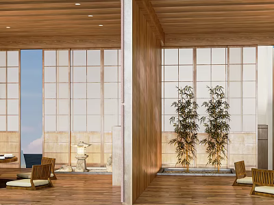 Modern Japanese Restaurant Interior With Wooden Walls Sliding Lattice Windows And Bamboo Plants 3d model