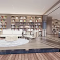 Modern Library Interior Design With Circular Reception Bookshelves And Seating 3d model