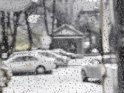Rain Covered Window Glass With Raindrops Blurred Cars And Buildings Outside 3d model