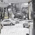 Rain Covered Window Glass With Raindrops Blurred Cars And Buildings Outside