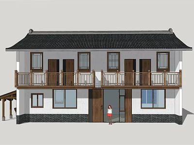 Traditional Chinese Two Story House With Black Tiled Roof White Walls And Wooden Balconies 3d model