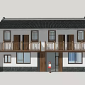Traditional Chinese Two Story House With Black Tiled Roof White Walls And Wooden Balconies