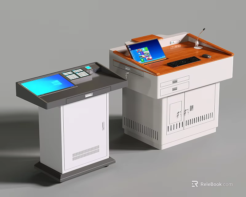 Modern Classroom Podium With Orange Top Display Screen Keyboard Microphone And Cabinets 3d model