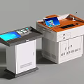 Modern Classroom Podium With Orange Top Display Screen Keyboard Microphone And Cabinets 3d model