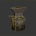 Traditional Blacksmith Anvil Setup with Hammer and Metalworking Tools on Wooden Stand