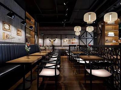 Cozy Restaurant Interior With Long Tables Black Leather Booths White Chairs And Hanging Lantern Lights 3d model