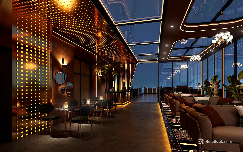 Modern Elegant Cafe Interior Design With Glass Skylight Decorative Wall And Chandeliers 3d model 