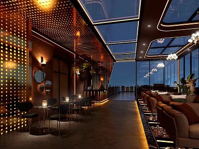 Modern Elegant Cafe Interior Design With Glass Skylight Decorative Wall And Chandeliers 3d model