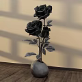Elegant Floral Display Featuring Black Roses in Silver Vase on Wooden Floor with Shadow Effects