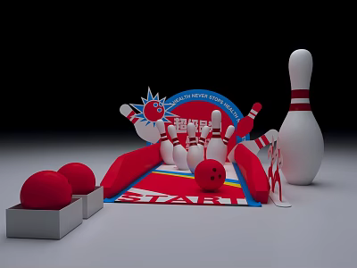 Interactive Bowling Zone With Red Balls White Pins And Fun Lane Setup 3d model