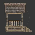 Traditional Wooden Pavilion With Thatch Roof Carved Railings And Decorative Steps