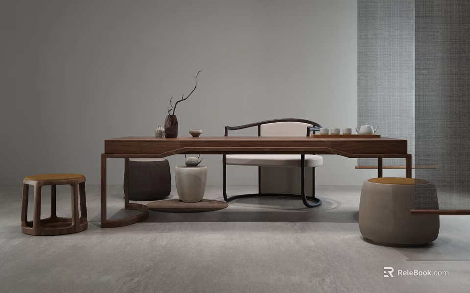 Modern Wooden Tea Table And Chairs With Decorative Vase Stools On Gray Floor 3d model 