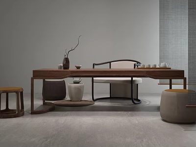 Modern Wooden Tea Table And Chairs With Decorative Vase Stools On Gray Floor 3d model