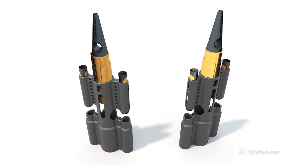 Two Units Of Industrial Equipment With Black And Gold Design Cylindrical Base And Pointed Top 3d model 