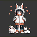 Game And Movie Character With Cat Ears In Hooded Coat Small Cats And Orange Petals