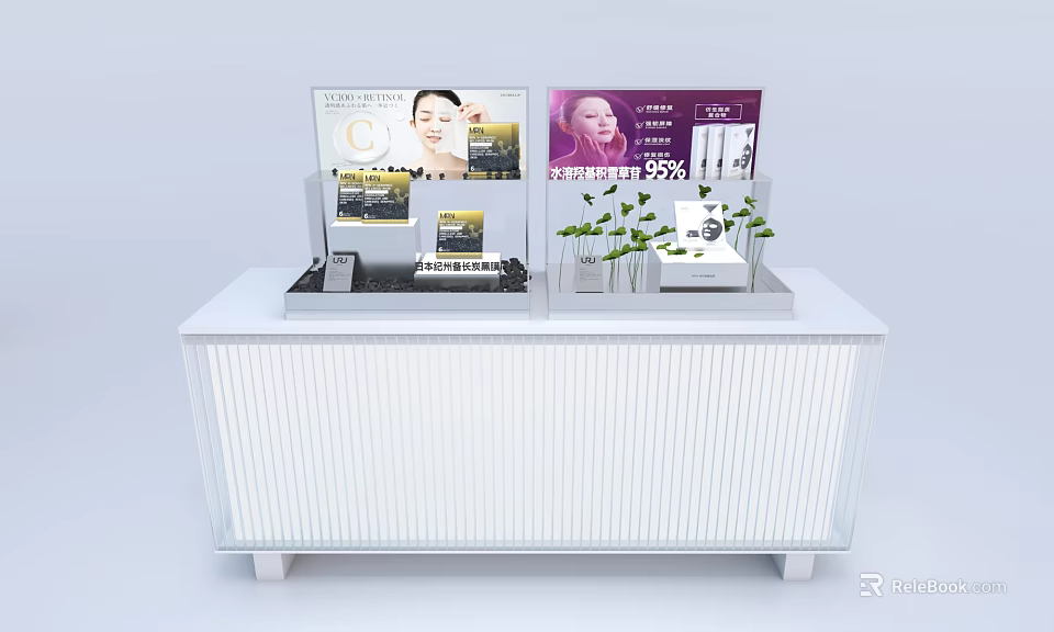White Skincare Display Counter With Advertising Screens And Green Plants 3d model 