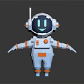 Low Poly Astronaut Sculpture Carving With Helmet Antenna Outstretched Arms And Blue Orange Details
