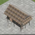 Traditional Thatch Roof Pergola With Clay Pots On Stone Slab Ground Against Blue Sky