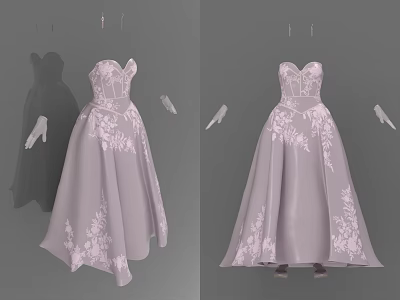 Elegant Strapless Pastel Purple Long Dress with Lace Details and Gloves for Formal Events 3d model